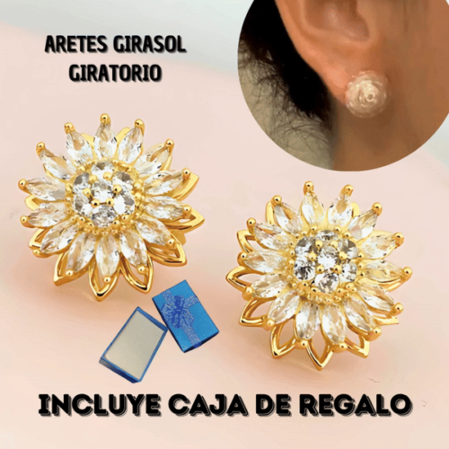 Aretes Girasol Giratorio + Caja de Regalo