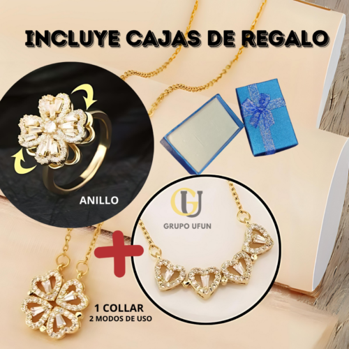 Combo Anillo Trebol + Collar Corazon (2 estilos de uso) + Caja de Regalo