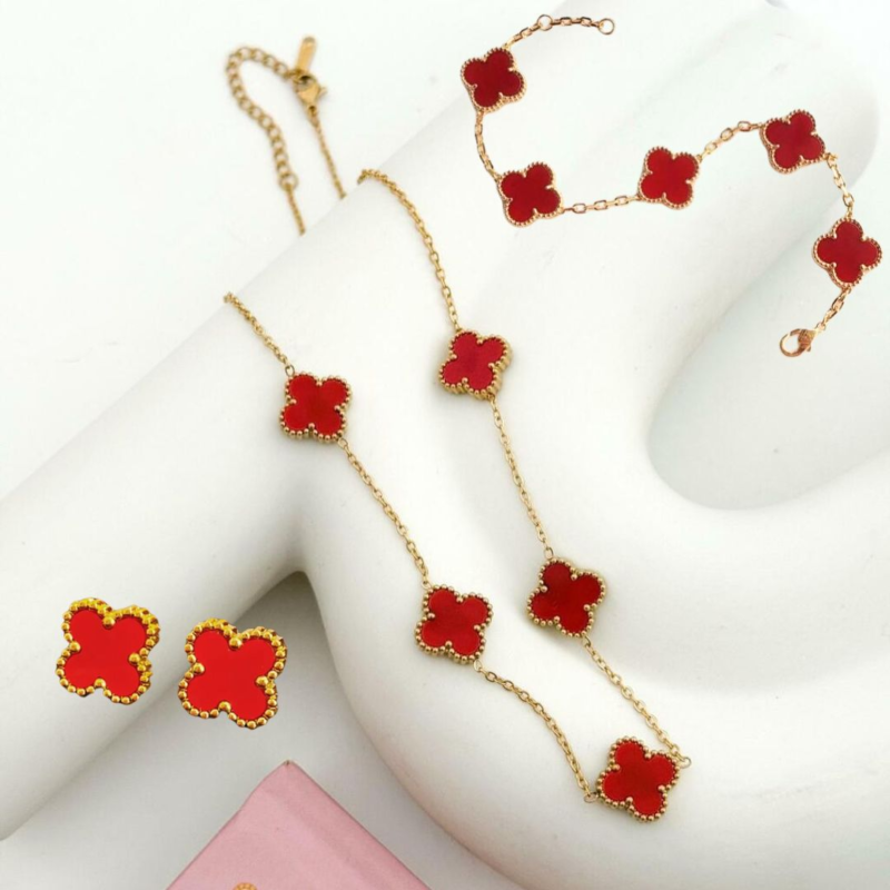 Combo Van Cleef: Collar 5 tréboles + Pulsera + Aretes, Baño en Oro