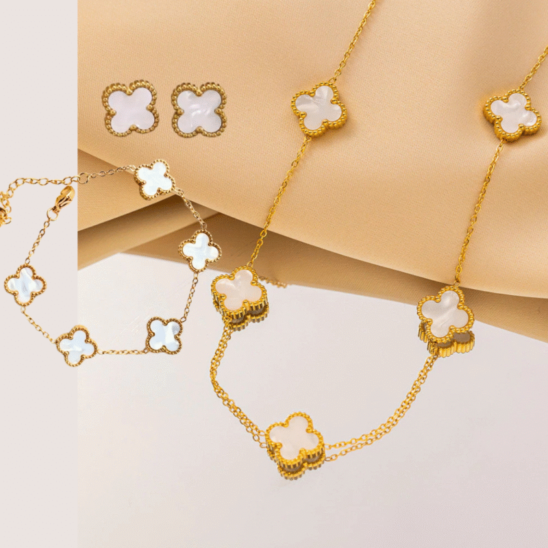 Combo Van Cleef: Collar 5 tréboles + Pulsera + Aretes, Baño en Oro