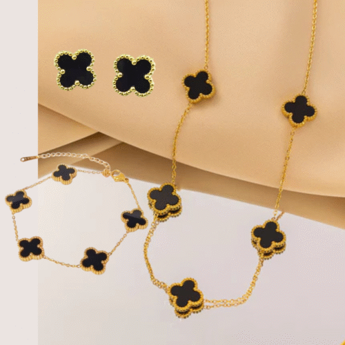 Combo Van Cleef: Collar 5 tréboles + Pulsera + Aretes, Baño en Oro